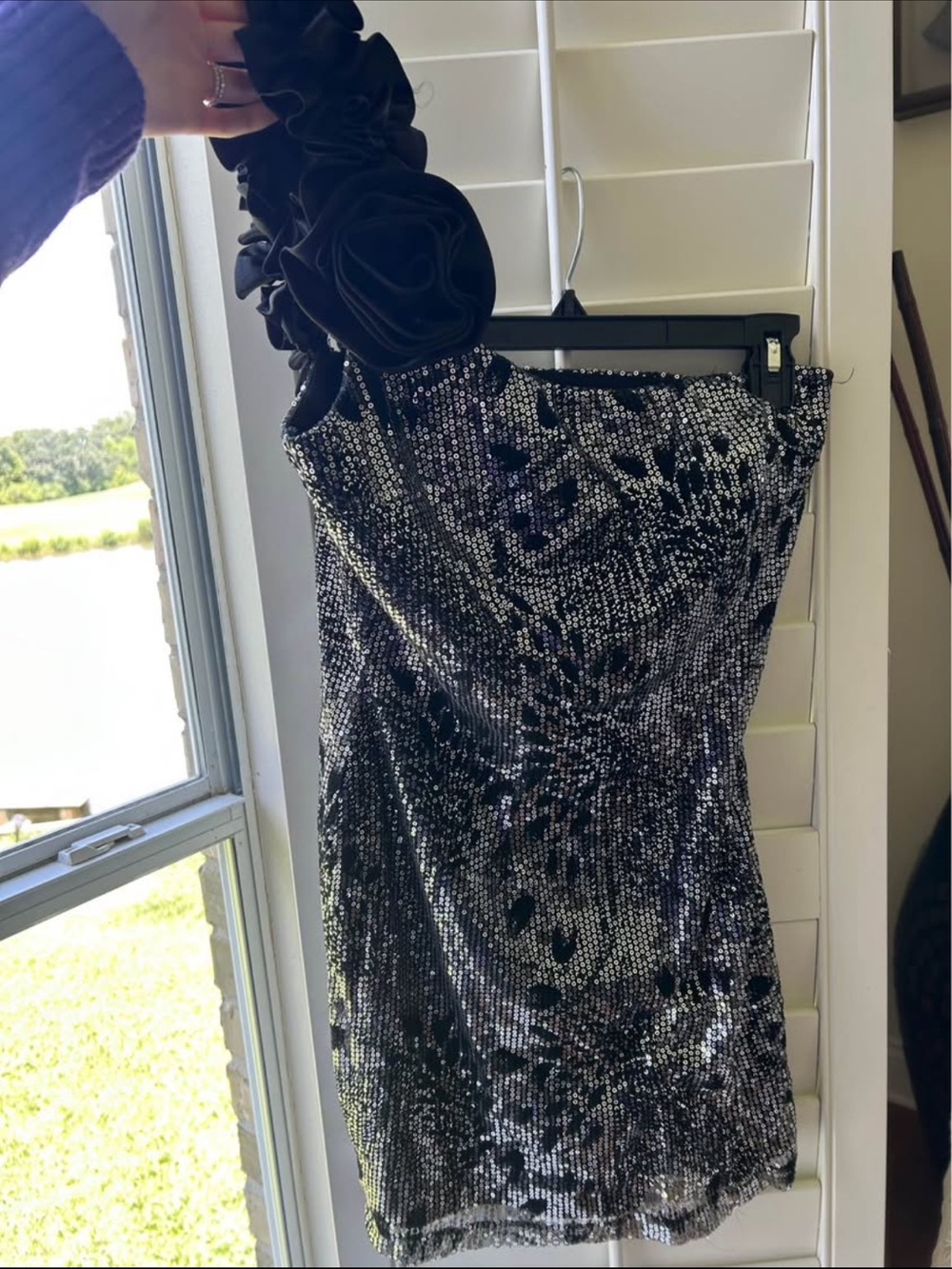 Black Silver Sequin One-Shoulder Dress with Floral Applique